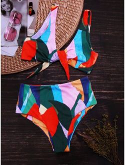 Allover Graphic Knot Front Bikini Swimsuit