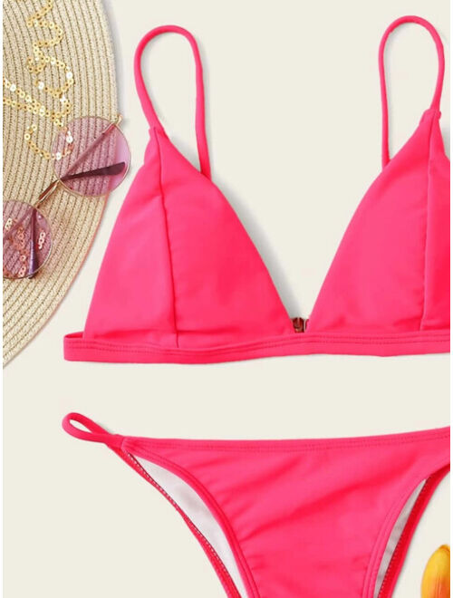 Buy Shein Neon Pink Triangle Tanga Bikini Swimsuit online | Topofstyle