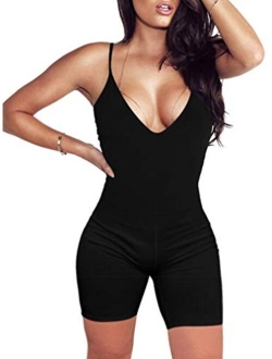 Women Sexy Spaghetti Strap V Neck Romper Sports Bodysuit One Piece Short Jumpsuit