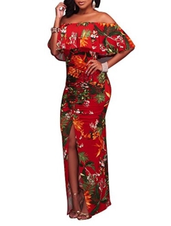 Women's Off Shoulder Dress Hawaiian Floral Evening Gown Long Maxi Dress