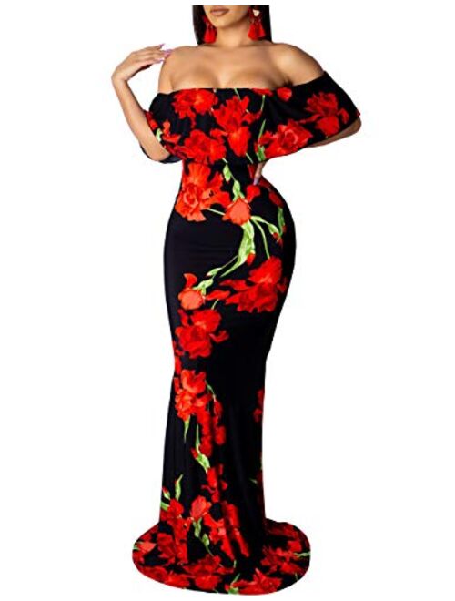 Women's Off Shoulder Dress Hawaiian Floral Evening Gown Long Maxi Dress