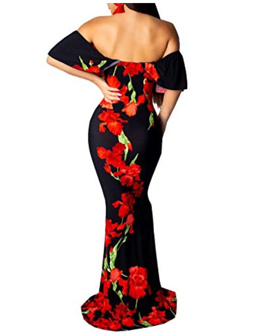 Women's Off Shoulder Dress Hawaiian Floral Evening Gown Long Maxi Dress