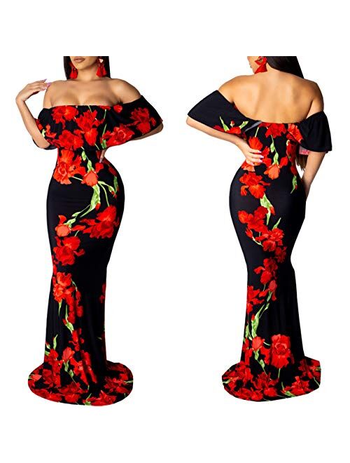 Women's Off Shoulder Dress Hawaiian Floral Evening Gown Long Maxi Dress