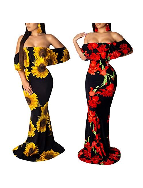 Women's Off Shoulder Dress Hawaiian Floral Evening Gown Long Maxi Dress