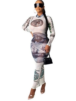 Recious Womens Sexy Long Sleeve Turtleneck Floral Printed See-Through Bodycon Party Clubwear Dress