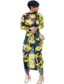 Recious Womens Sexy Long Sleeve Turtleneck Floral Printed See-Through Bodycon Party Clubwear Dress