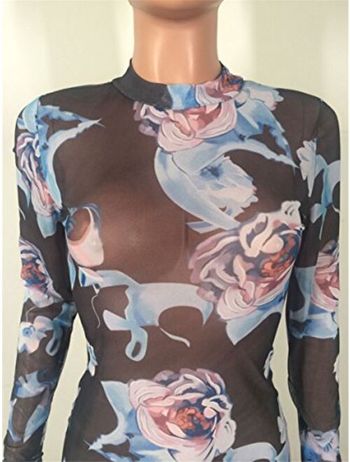 Recious Womens Sexy Long Sleeve Turtleneck Floral Printed See-Through Bodycon Party Clubwear Dress