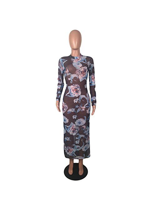 Recious Womens Sexy Long Sleeve Turtleneck Floral Printed See-Through Bodycon Party Clubwear Dress