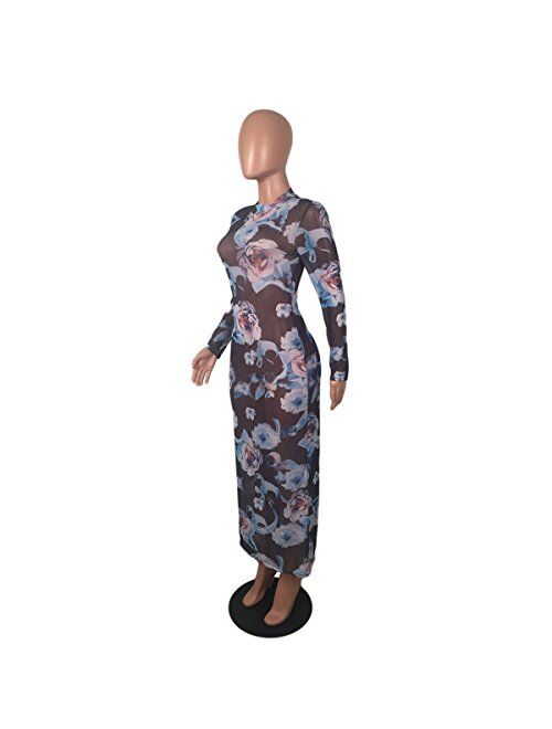 Recious Womens Sexy Long Sleeve Turtleneck Floral Printed See-Through Bodycon Party Clubwear Dress