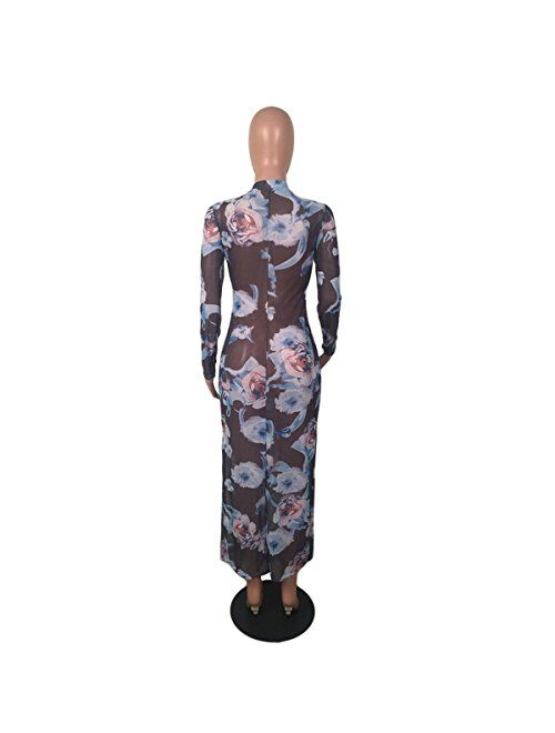 Recious Womens Sexy Long Sleeve Turtleneck Floral Printed See-Through Bodycon Party Clubwear Dress