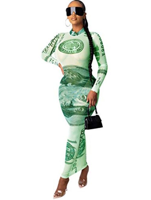 Recious Womens Sexy Long Sleeve Turtleneck Floral Printed See-Through Bodycon Party Clubwear Dress