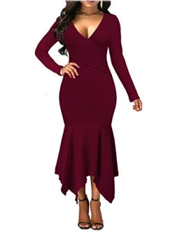 Uotige Womens Stretchable Elasticity Slim Fit Sweater Dress Surplice Wrap Bodycon Knit Maxi Dress