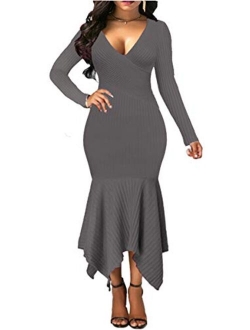 Uotige Womens Stretchable Elasticity Slim Fit Sweater Dress Surplice Wrap Bodycon Knit Maxi Dress