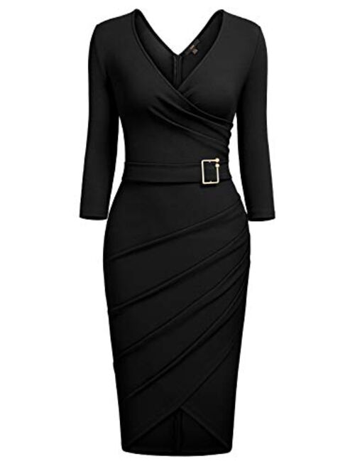 Knitee Women's Vintage V-Neck Criss Cross Ruched Evening Party Cocktail Bodycon Sheath Formal Pencil Dress