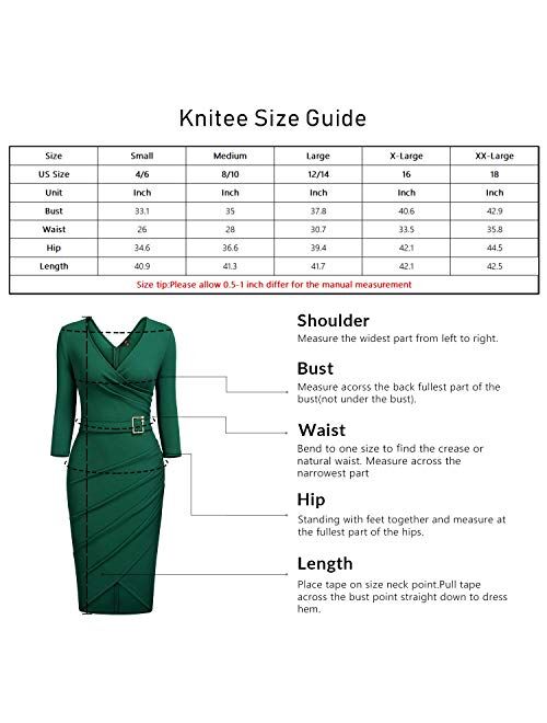 Knitee Women's Vintage V-Neck Criss Cross Ruched Evening Party Cocktail Bodycon Sheath Formal Pencil Dress