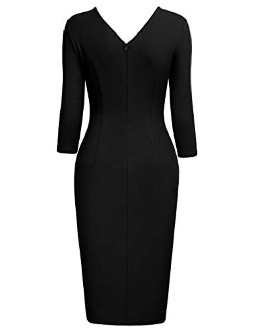 Knitee Women's Vintage V-Neck Criss Cross Ruched Evening Party Cocktail Bodycon Sheath Formal Pencil Dress