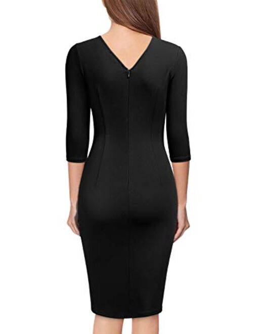 Knitee Women's Vintage V-Neck Criss Cross Ruched Evening Party Cocktail Bodycon Sheath Formal Pencil Dress