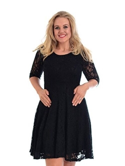 Nouvelle Collection Womens Plus Size Dress Ladies Skater Style Floral Lace Bridesmaid Dress Flared Party Wear Round Neck