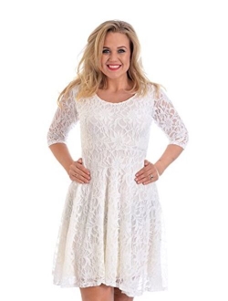 Nouvelle Collection Womens Plus Size Dress Ladies Skater Style Floral Lace Bridesmaid Dress Flared Party Wear Round Neck