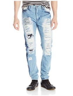 Men's Long Denim Pants with Multiple Horizontal Rips in Carrot Fit