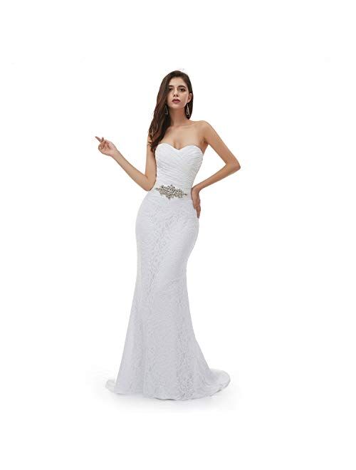 Engerla Women's Mermaid Sweetheart Lace Rhinestone Long Wedding Dress