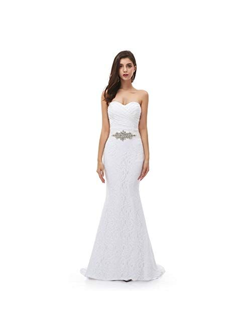 Engerla Women's Mermaid Sweetheart Lace Rhinestone Long Wedding Dress