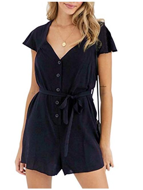 Saslax Women's Rompers Casual Short Sleeves V Neck Button Down Backless Black Tie Short Short Jumpsuit Playsuit