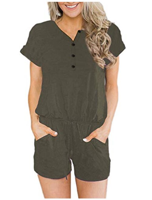 ANRABESS Women's Summer Solid Jumpsuit Casual Loose Short Sleeve Jumpsuit Rompers with Button