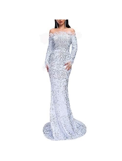 Lin Lin Q Sexy Off Shoulder Feather Embellished Long Sleeve High Split Sequin Floor Length Evening Maxi Dress