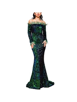 Lin Lin Q Sexy Off Shoulder Feather Embellished Long Sleeve High Split Sequin Floor Length Evening Maxi Dress