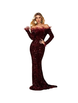 Lin Lin Q Sexy Off Shoulder Feather Embellished Long Sleeve High Split Sequin Floor Length Evening Maxi Dress