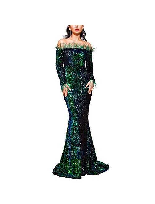 Lin Lin Q Sexy Off Shoulder Feather Embellished Long Sleeve High Split Sequin Floor Length Evening Maxi Dress