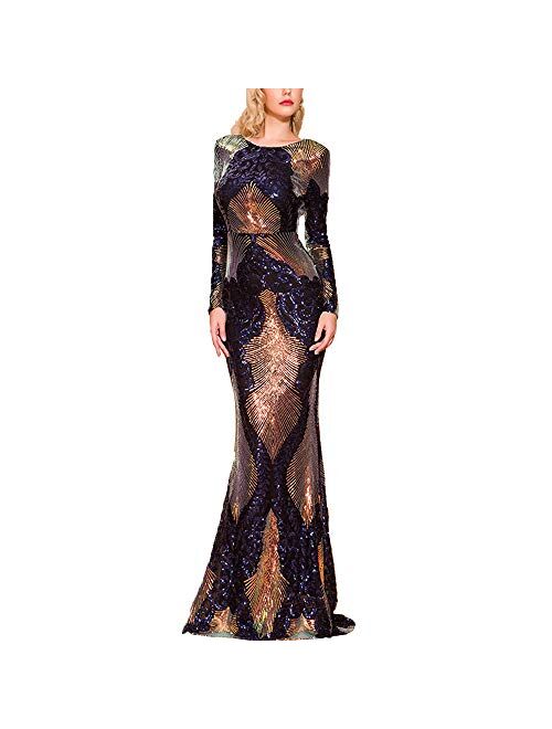 Lin Lin Q Sexy Off Shoulder Feather Embellished Long Sleeve High Split Sequin Floor Length Evening Maxi Dress