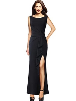 VFSHOW Womens Ruched Ruffles High Split Formal Wedding Party Maxi Dress