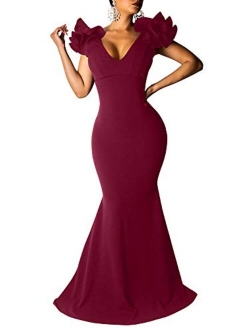 BEAGIMEG Women's Sexy Ruffle Sleeve Elegant V Neck Backless Evening Formal Maxi Dress