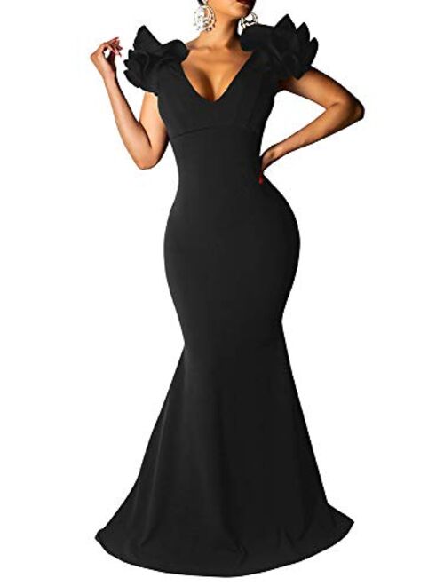 BEAGIMEG Women's Sexy Ruffle Sleeve Elegant V Neck Backless Evening Formal Maxi Dress