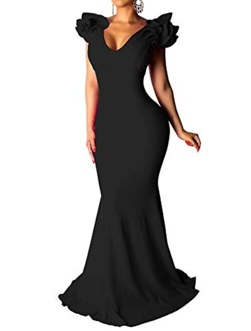 BEAGIMEG Women's Sexy Ruffle Sleeve Elegant V Neck Backless Evening Formal Maxi Dress