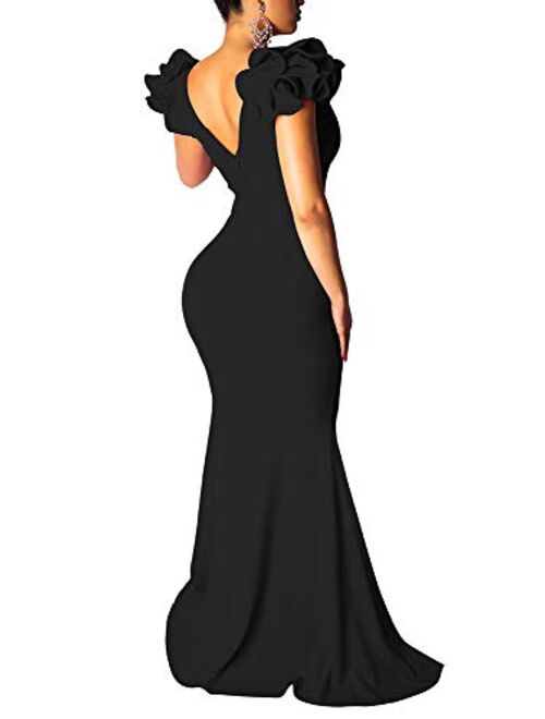 BEAGIMEG Women's Sexy Ruffle Sleeve Elegant V Neck Backless Evening Formal Maxi Dress