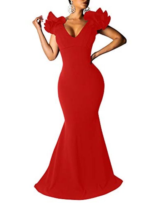 BEAGIMEG Women's Sexy Ruffle Sleeve Elegant V Neck Backless Evening Formal Maxi Dress