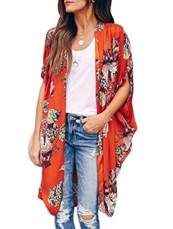 Ivay Womens Floral Kimono Duster Cardigans Short Sleeve Draped Oversized Beach Cover Up Cape