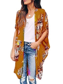 Ivay Womens Floral Kimono Duster Cardigans Short Sleeve Draped Oversized Beach Cover Up Cape