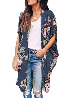 Ivay Womens Floral Kimono Duster Cardigans Short Sleeve Draped Oversized Beach Cover Up Cape