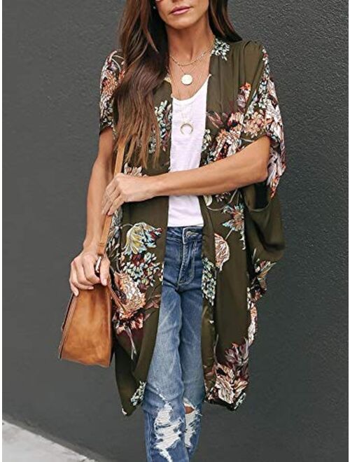 Ivay Womens Floral Kimono Duster Cardigans Short Sleeve Draped Oversized Beach Cover Up Cape