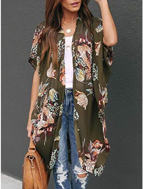 Ivay Womens Floral Kimono Duster Cardigans Short Sleeve Draped Oversized Beach Cover Up Cape