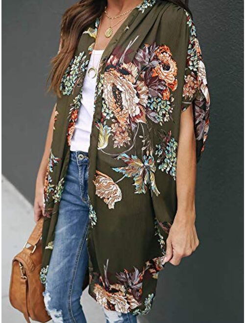 Ivay Womens Floral Kimono Duster Cardigans Short Sleeve Draped Oversized Beach Cover Up Cape