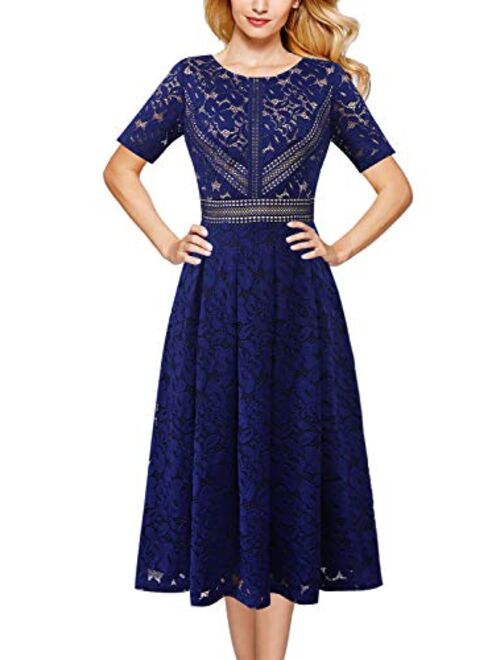 VFSHOW Womens Floral Lace Patchwork Cocktail Wedding Party A-Line Midi Dress