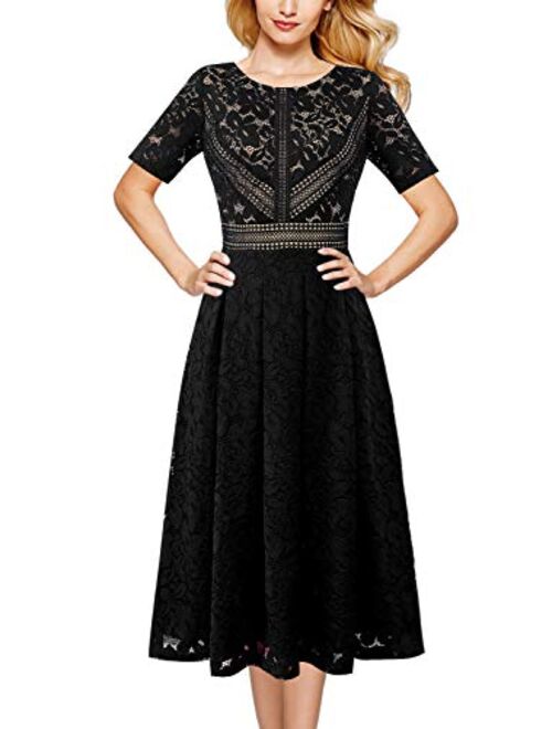 VFSHOW Womens Floral Lace Patchwork Cocktail Wedding Party A-Line Midi Dress