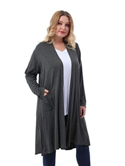 ZERDOCEAN Women's Plus Size Long Cardigan Long Sleeve Lightweight Soft Drape Open Front with Pockets.