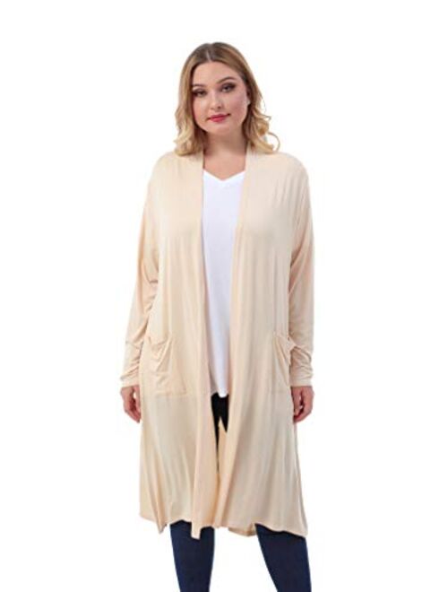 ZERDOCEAN Women's Plus Size Long Cardigan Long Sleeve Lightweight Soft Drape Open Front with Pockets.