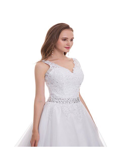 OWMAN Women's Double V-Neck Lace Applique Empire Chapel Train Wedding Dress